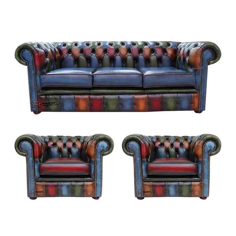 Product photograph of Chesterfield Patchwork Antique 3 Seater 2 X Club Chairs Amp Hellip from Designer Sofas 4U