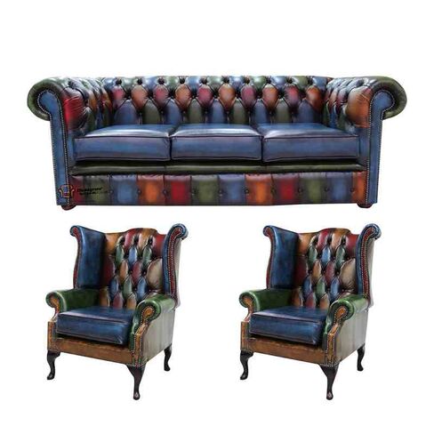 Chesterfield Patchwork Antique 3 Seater sofa + 2 x Queen anne Chairs Leather Sofa Offer