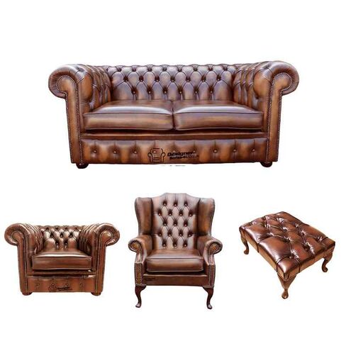 Chesterfield 2 Seater Sofa + Club Chair + Mallory Wing Chair + Footstool Leather Sofa Suite Offer Antique Tan