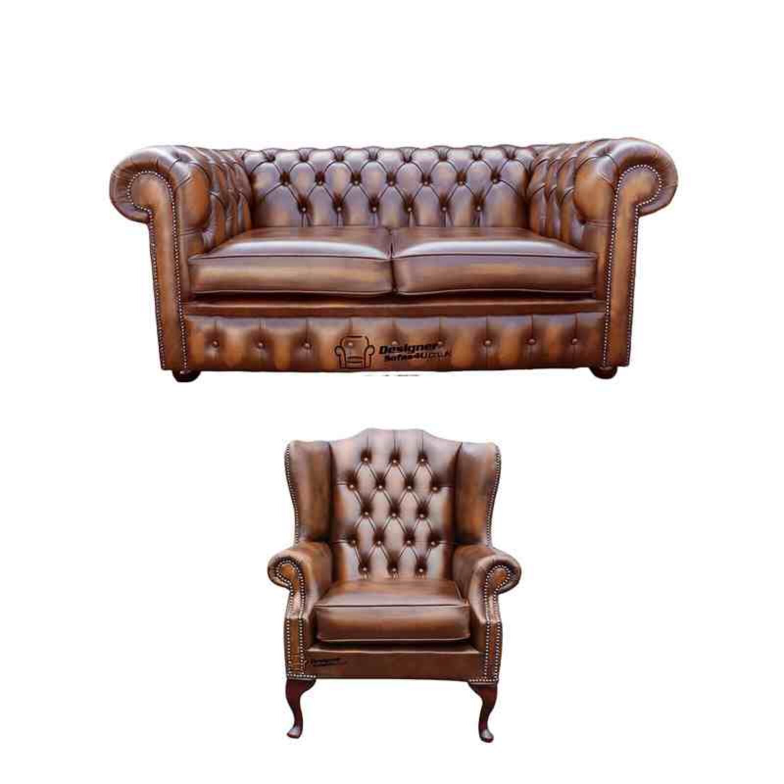 Product photograph of Chesterfield 2 Seater Sofa Mallory Wing Chair Leather Sofa Suite Offer Antique Tan from Designer Sofas 4U