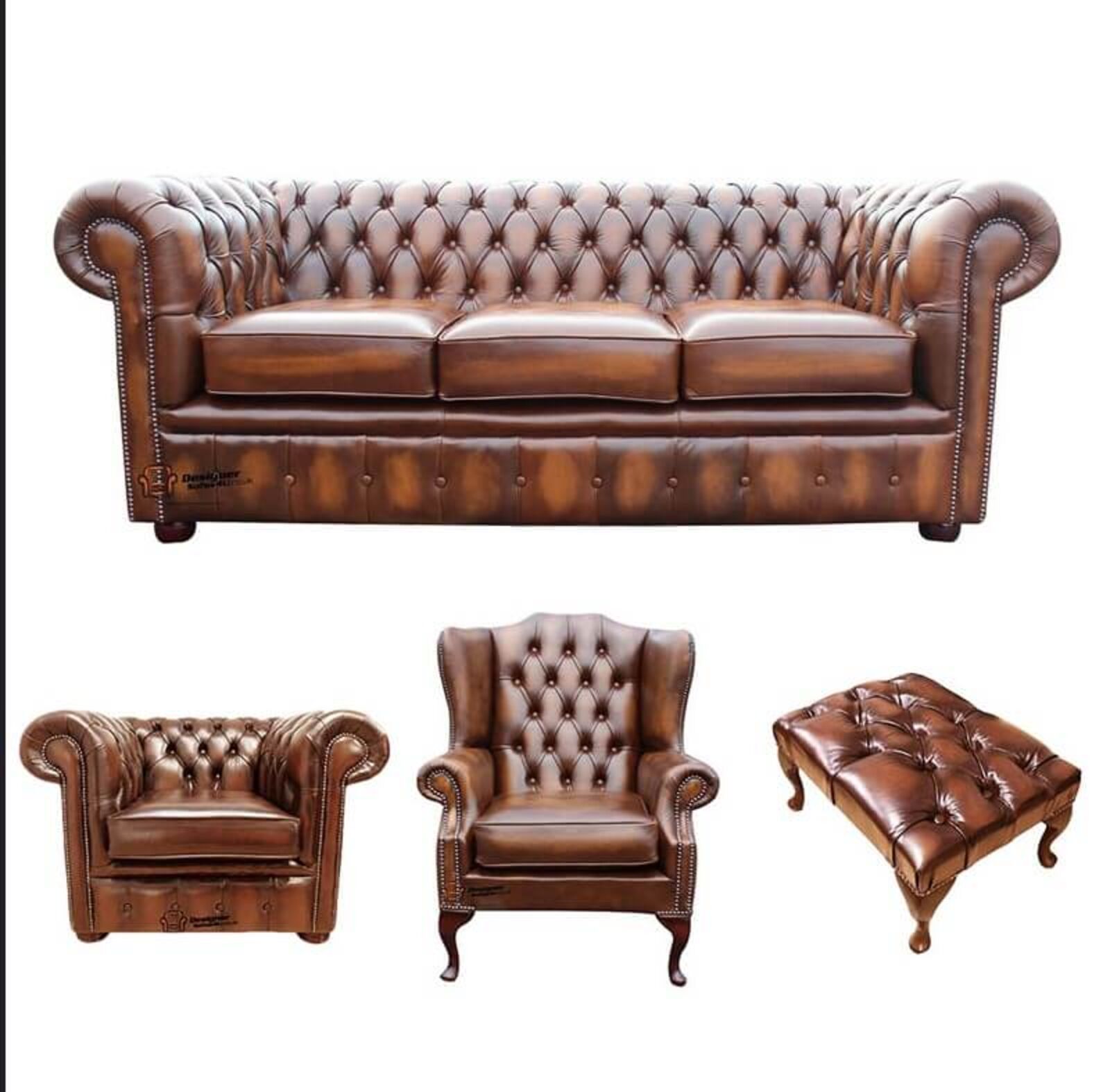 Product photograph of Chesterfield 3 Seater Sofa Club Chair Mallory Wing Chair Footstool Leather Sofa Suite Offer Antique Tan from Designer Sofas 4U