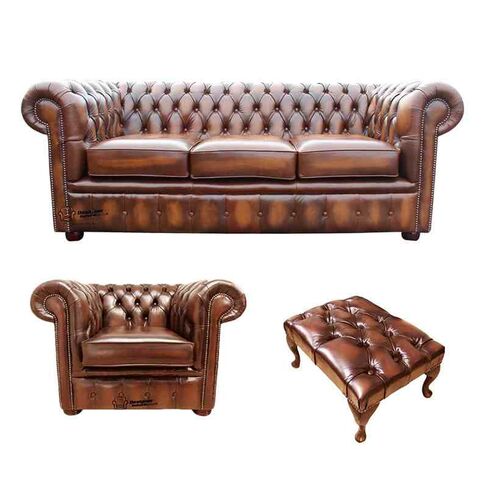 Chesterfield 3 Seater Sofa + Club Chair + Footstool Leather Sofa Suite Offer Antique Tan