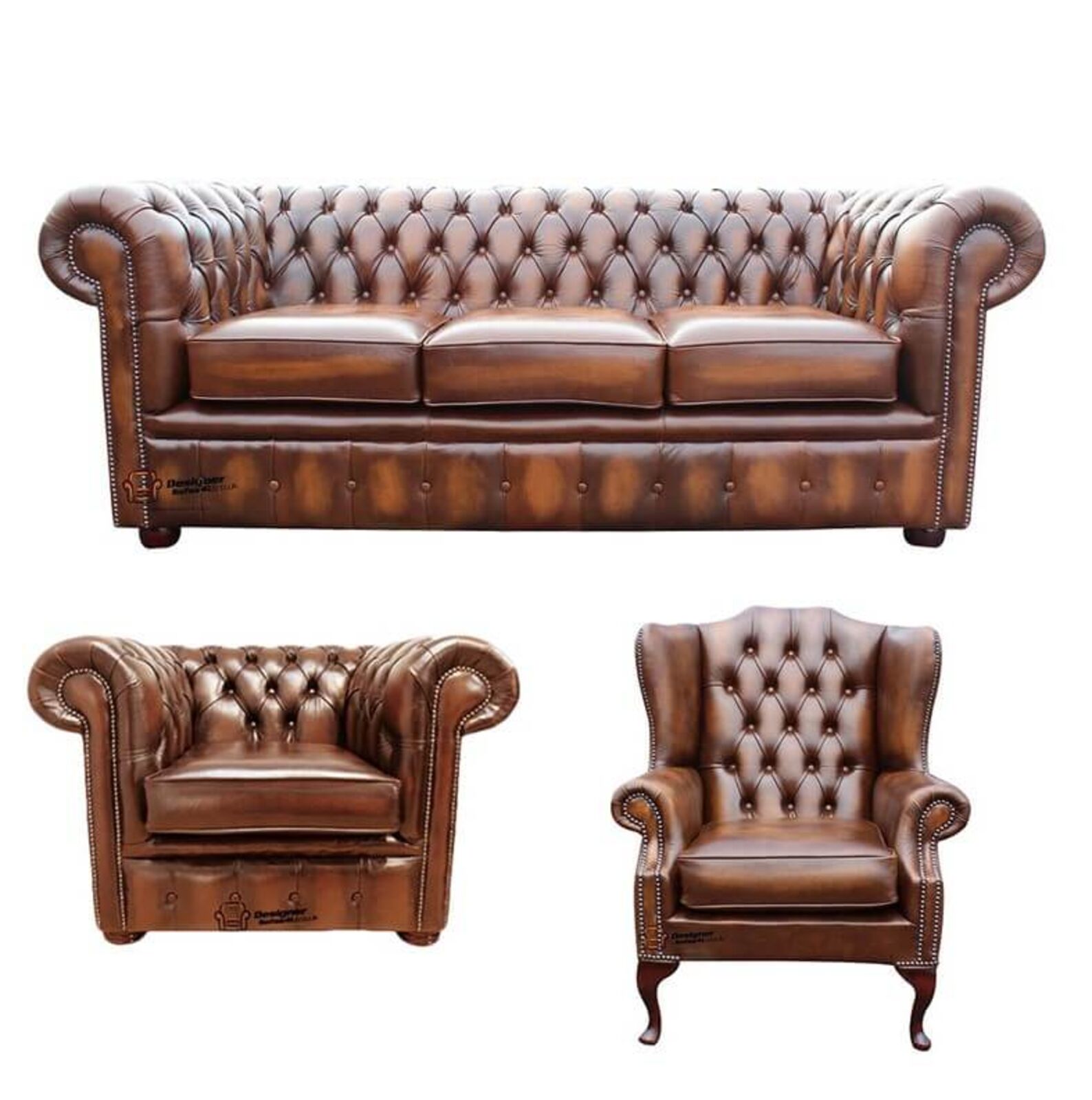 Product photograph of Chesterfield 3 Seater Sofa Club Chair Mallory Wing Chair Leather Sofa Suite Offer Antique Tan from Designer Sofas 4U