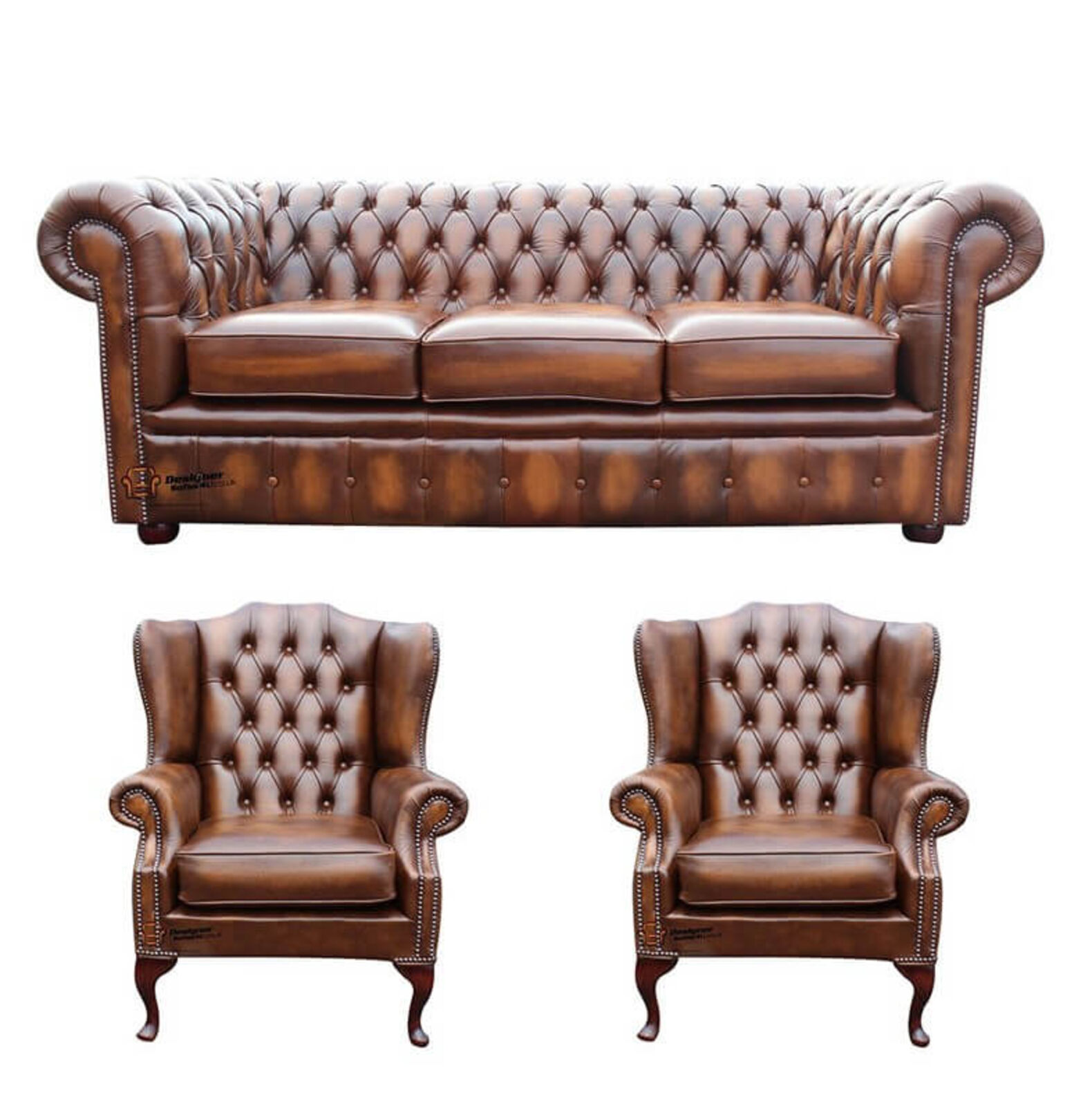 Product photograph of Chesterfield 3 Seater Sofa 2 X Mallory Wing Chairs Leather Sofa Suite Offer Antique Tan from Designer Sofas 4U