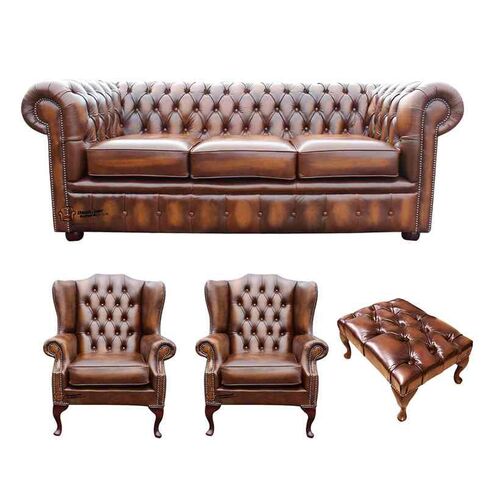 Chesterfield 3 Seater Sofa + 2 x Mallory Wing Chair + Footstool Leather Sofa Suite Offer Antique Tan
