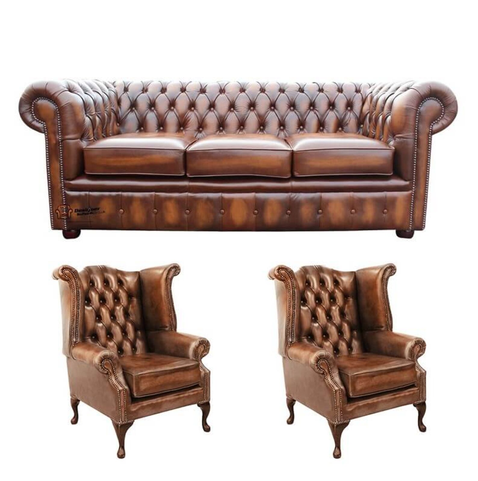 Product photograph of Chesterfield 3 Seater Sofa 2 X Queen Anne Chairs Leather Sofa Suite Offer Antique Tan from Designer Sofas 4U