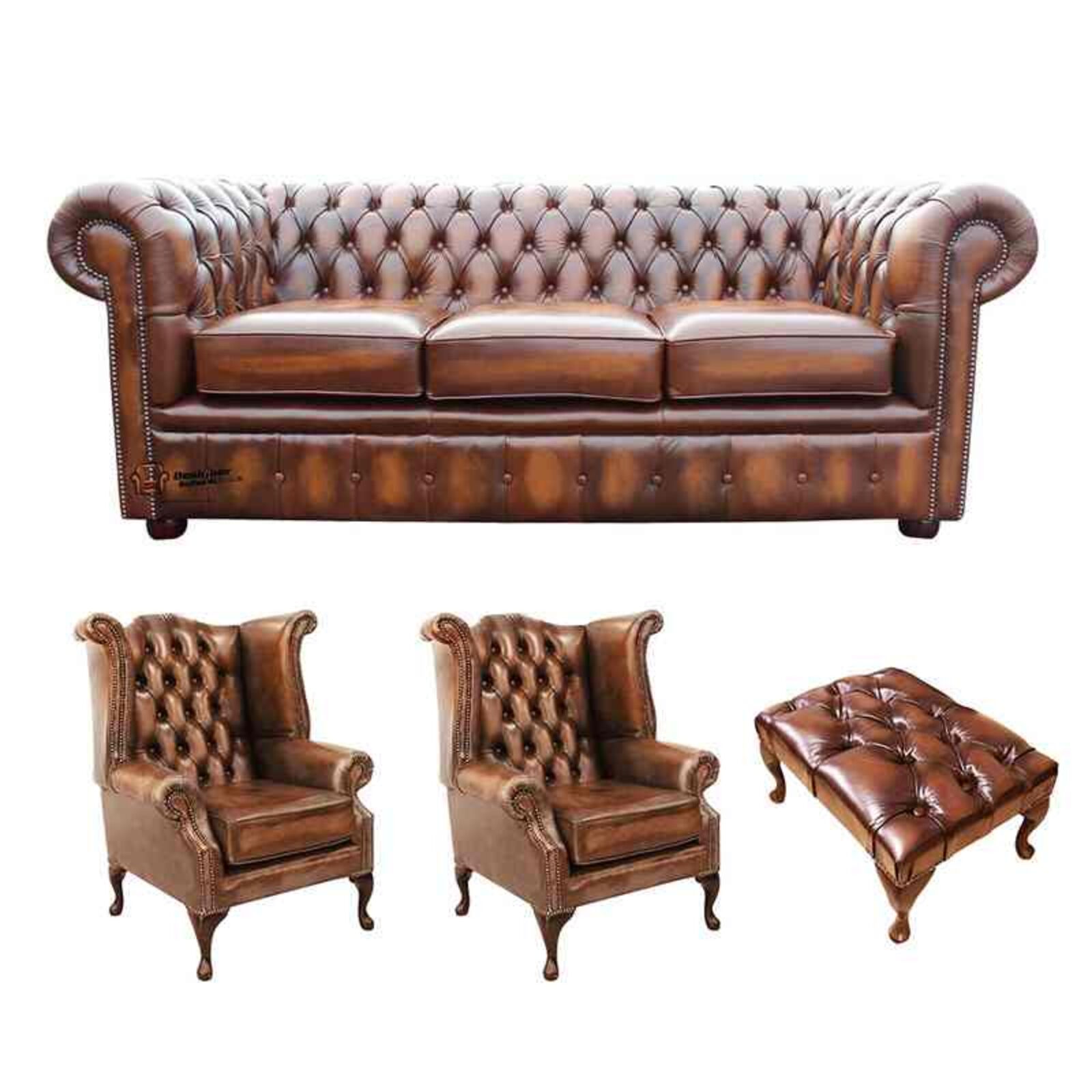 Product photograph of Chesterfield 3 Seater Sofa 2 X Queen Anne Chairs Footstool Leather Sofa Suite Offer Antique Tan from Designer Sofas 4U