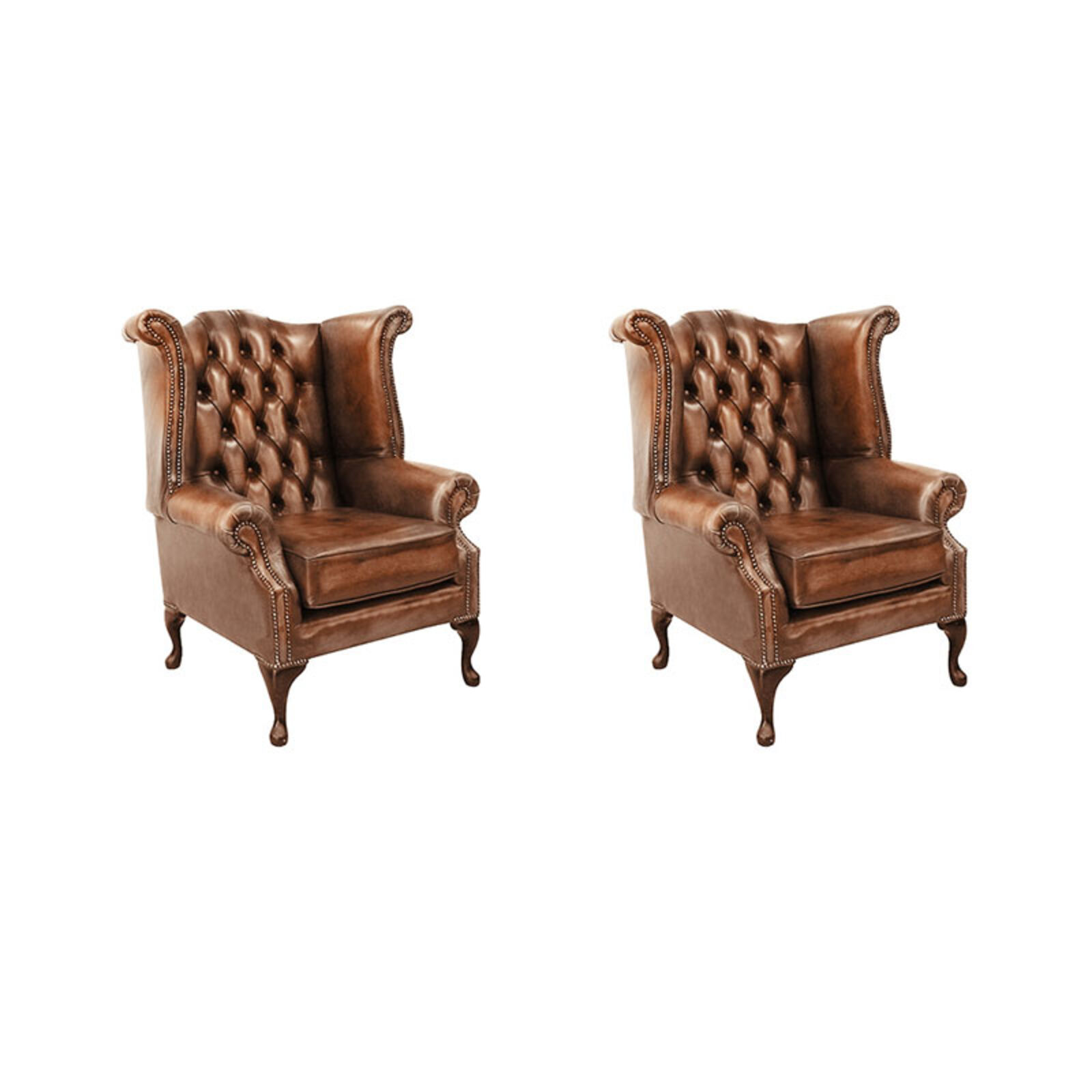 Product photograph of Chesterfield 2 X Queen Anne Chairs Leather Sofa Suite Offer Antique Tan from Designer Sofas 4U