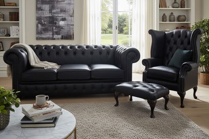 Black Leather Chesterfield Suite|UK manufacturer|DesignerSofas4U