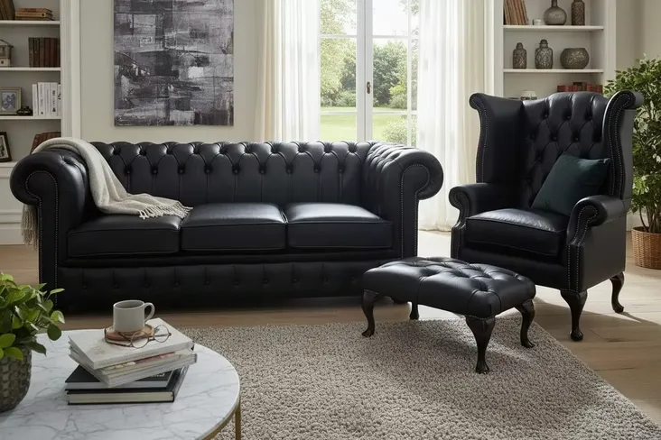 Black Leather Chesterfield Suite|UK manufacturer|DesignerSofas4U