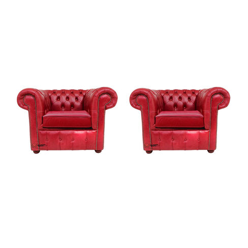 Chesterfield 2 x Club Chairs Old English Gamay Red Leather Sofa Offer
