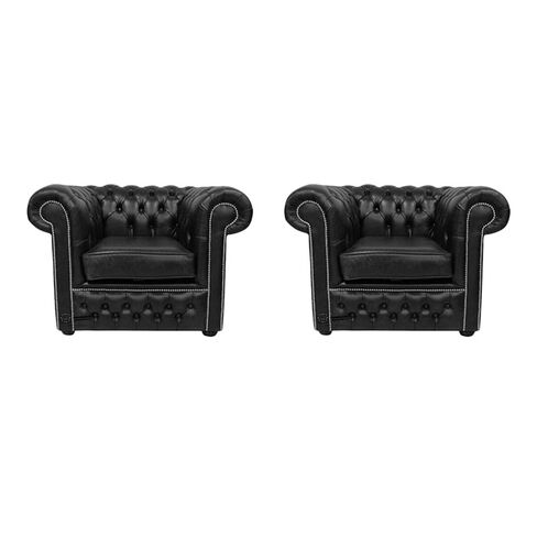 Chesterfield 2 x Club Chairs Old English Black Leather Sofa Offer