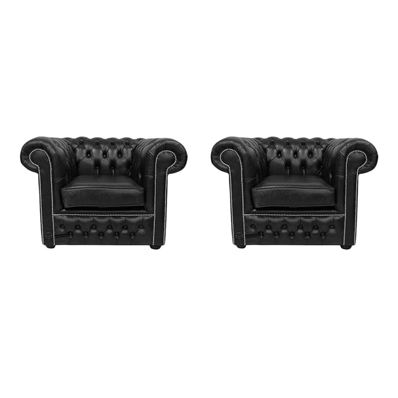 Product photograph of Chesterfield 2 X Club Chairs Old English Black Leather Sofa Offer from Designer Sofas 4U