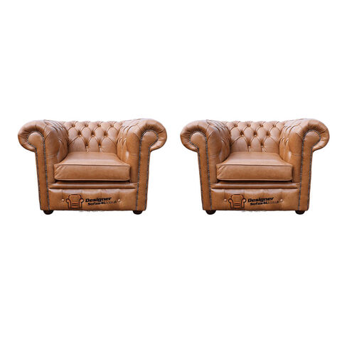 Chesterfield 2 x Club Chairs Old English Tan Leather Sofa Offer