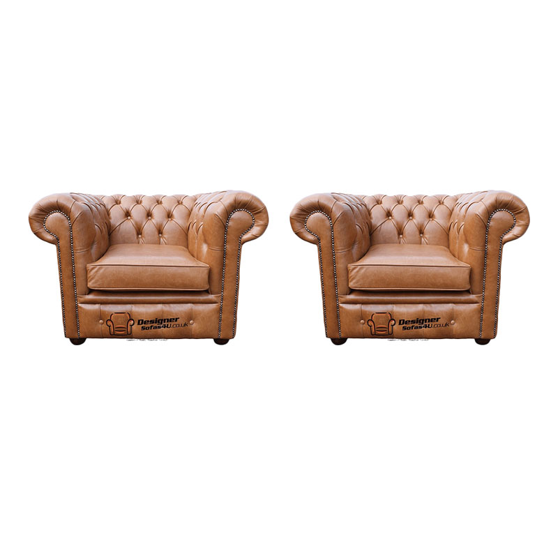 Product photograph of Chesterfield 2 X Club Chairs Old English Tan Leather Sofa Offer from Designer Sofas 4U