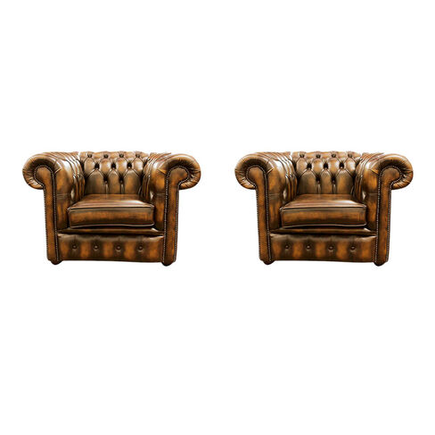 Chesterfield 2 x Club Chairs Leather Sofa Suite Offer Antique Gold
