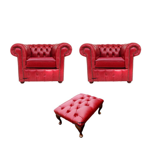 Chesterfield 2 x Club Chairs + Footstool Old English Gamay Red Leather Sofa Offer