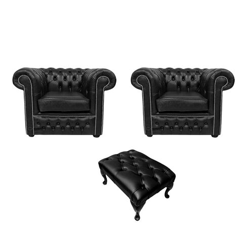 Chesterfield 2 x Club Chairs + Footstool Old English Black Leather Sofa Offer