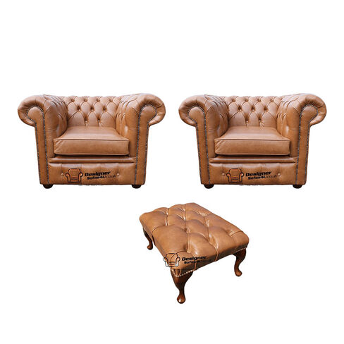 Chesterfield 2 x Club Chairs + Footstool Old English Tan Leather Sofa Offer