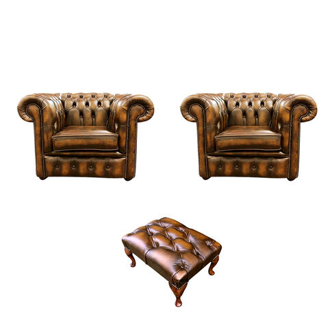 Chesterfield 2 x Club Chairs + Footstool Leather Sofa Suite Offer Antique Gold