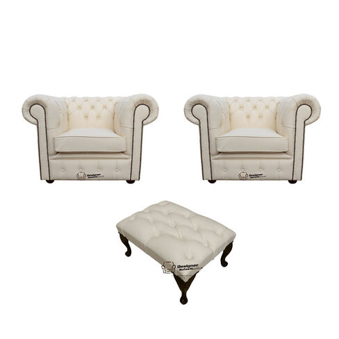 Chesterfield 2 x Club Chairs + Footstool Leather Sofa Suite Offer Ivory