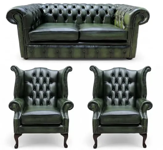 Chesterfield 2+1+1 Leather Suite Offer Antique Green Leather