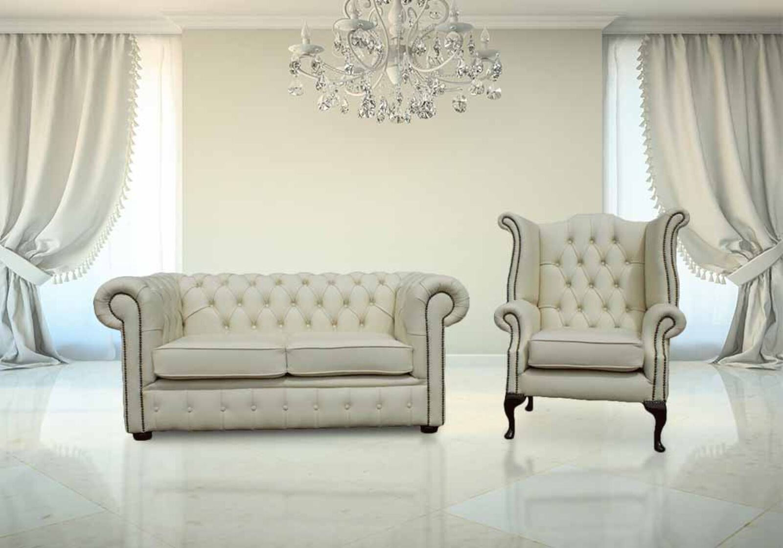Product photograph of Chesterfield 2 Seater Queen Anne High Back Wing Chair Shelly Cream Leather from Designer Sofas 4U