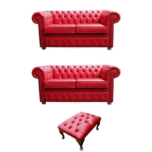 Chesterfield 2+2+Footstool Old English Gamay Red Leather Sofa Offer