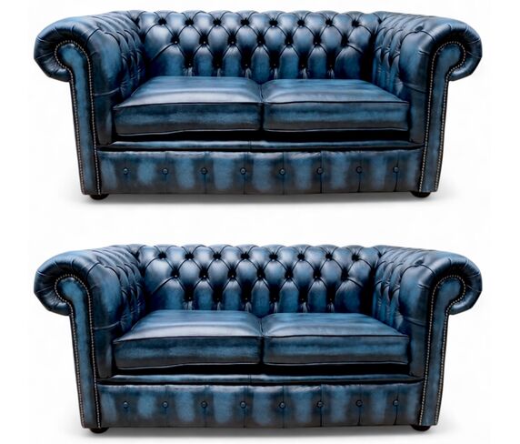 Chesterfield 2+2 Leather Sofa Suite Antique Blue