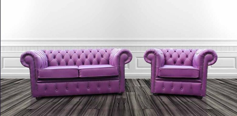 Chesterfield 2 Seater + 1 Seater Club Chair Wineberry Purple Leather Sofa Offer