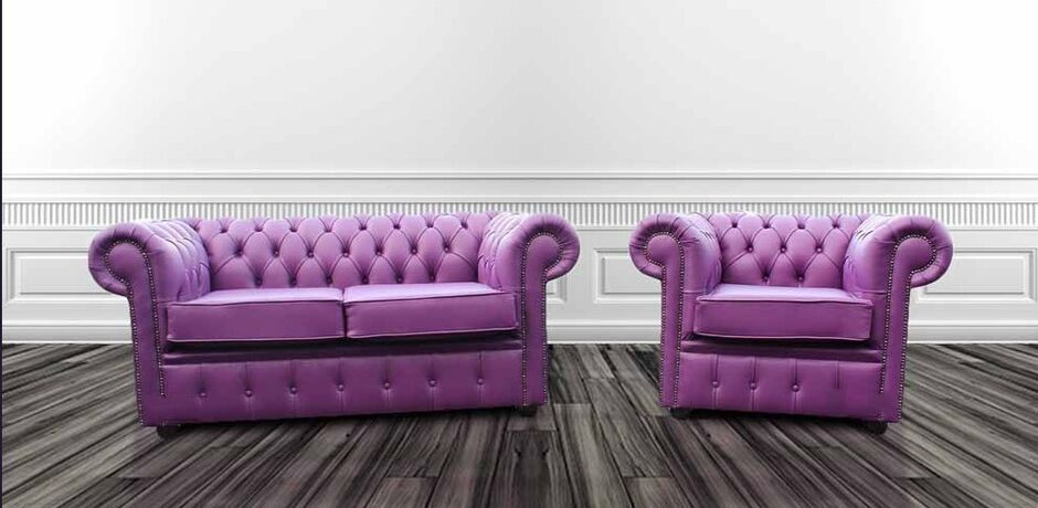 Chesterfield 2 Seater + 1 Seater Club Chair Wineberry Purple Leather Sofa Offer