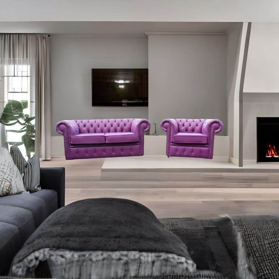 Chesterfield 2 Seater + 1 Seater Club Chair Wineberry Purple Leather Sofa Offer