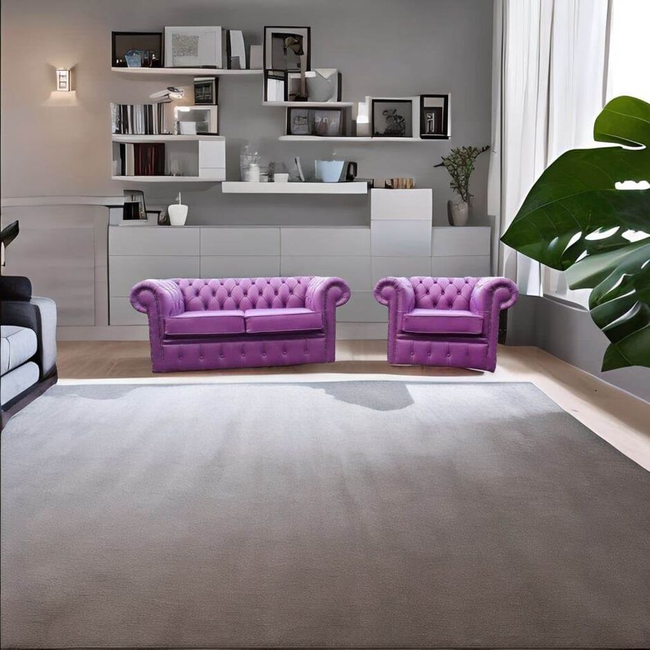 Chesterfield 2 Seater + 1 Seater Club Chair Wineberry Purple Leather Sofa Offer2