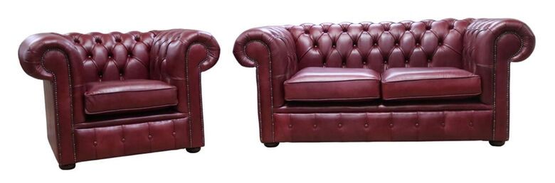 Chesterfield 2 Seater + Club Chair Old English Burgandy Leather Sofa Offer