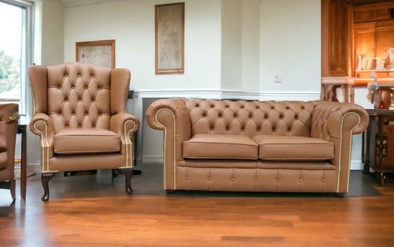 Product photograph of Chesterfield 2 Seater Flat Wing Queen Anne High Back Wing Chair Shelly Saddle Leather from Designer Sofas 4U
