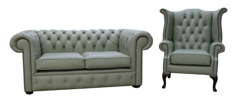 Chesterfield 2 Seater + Queen Anne High Back Wing Chair Shelly Thyme Green Leather