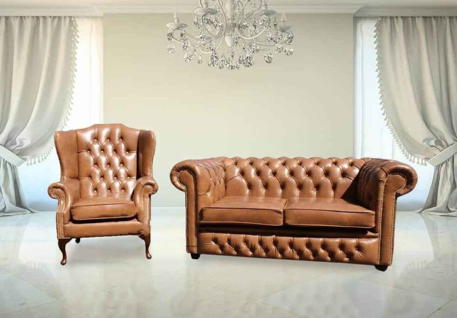 Product photograph of Buy Chesterfield 2 Seater And Mallory Wing Chair Old English Tan Leather Designersofas4u from Designer Sofas 4U