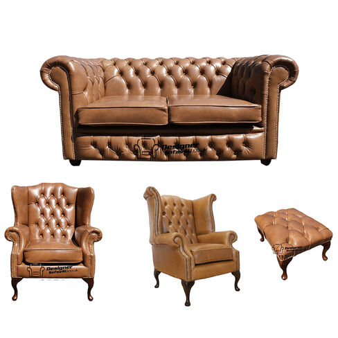 Chesterfield 2 Seater Sofa + 1 x Mallory Wing Chair + 1 x Queen Anne Chair + Footstool Old English Tan Leather Sofa Offer