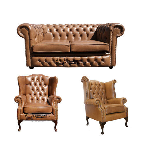 Chesterfield 2 Seater Sofa + 1 x Mallory Wing Chair + 1 x Queen Anne Chair Old English Tan Leather Sofa Offer