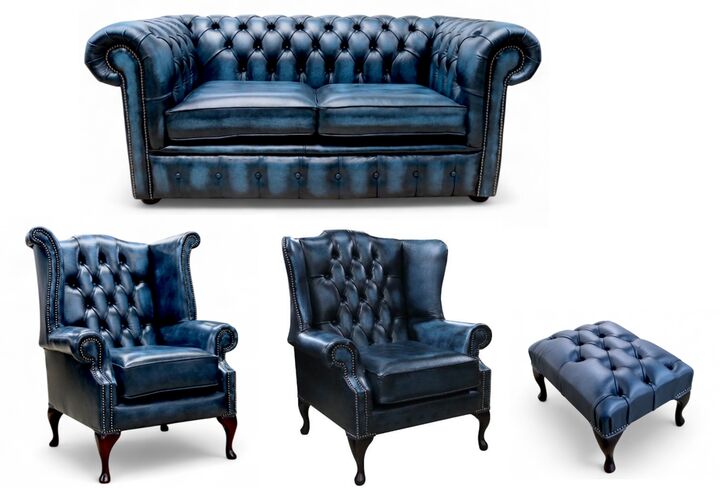 Chesterfield 2 Seater Sofa + 1 x Mallory Wing Chair + 1 x Queen Anne Wing Chair+footstool Leather Sofa Suite Offer Antique blue