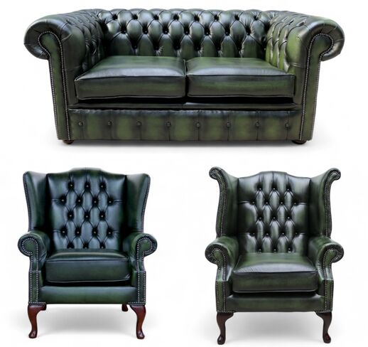 Chesterfield 2 Seater Sofa + 1 x Mallory Wing Chair + 1 x Queen Anne Wing Chair Leather Sofa Suite Offer Antique Green
