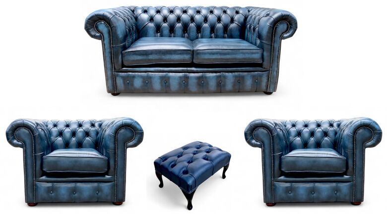 Chesterfield 2 Seater Sofa + 2 x Club Chairs + Footstool Leather Sofa Suite Offer Antique Blue