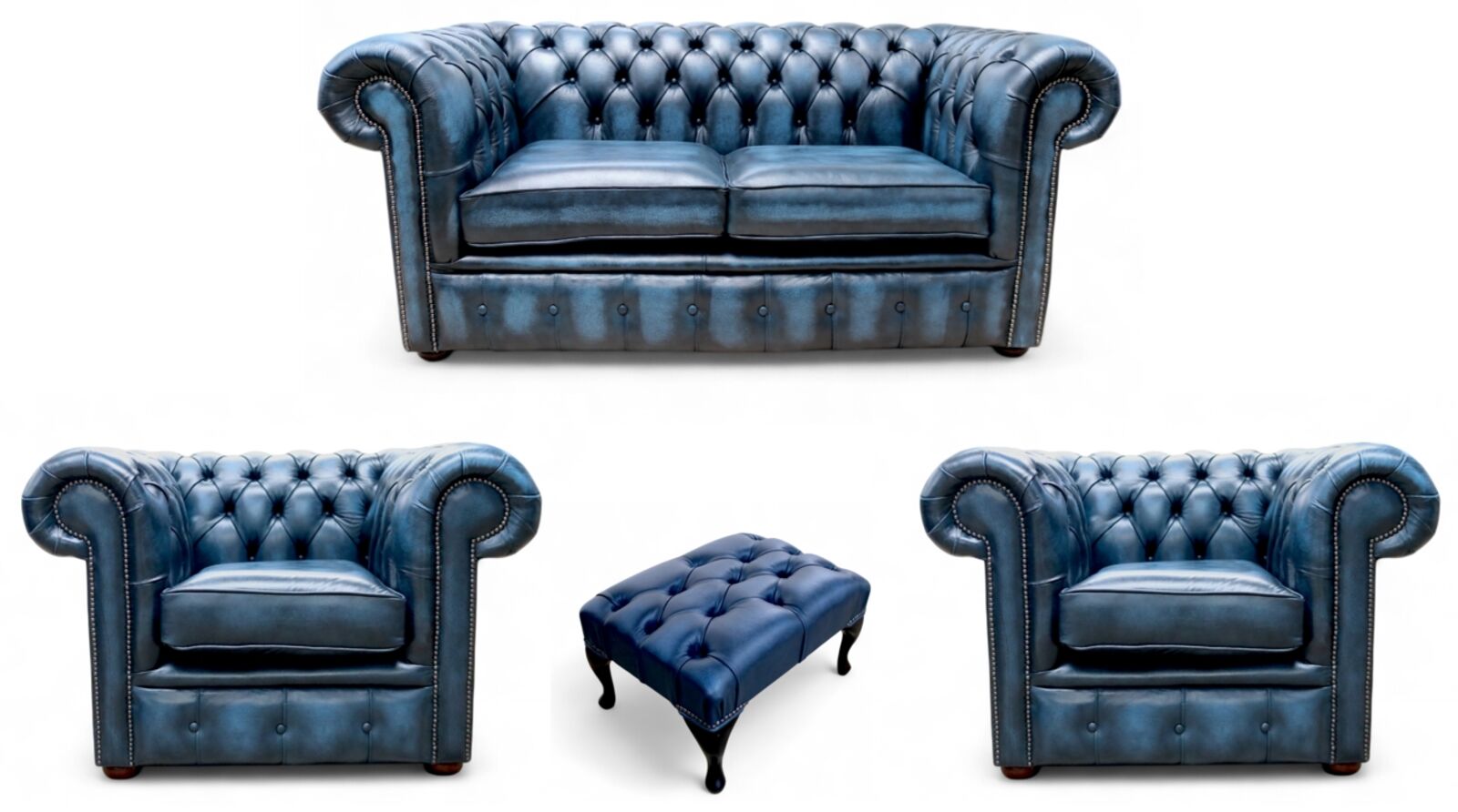 Chesterfield 2 Seater Sofa + 2 x Club Chairs + Footstool Leather Sofa Suite Offer Antique Blue