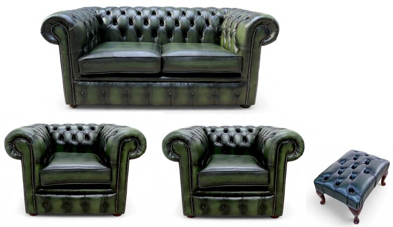 Chesterfield 2 Seater Sofa + 2 x Club Chairs + Footstool Leather Sofa Suite Offer Antique Green