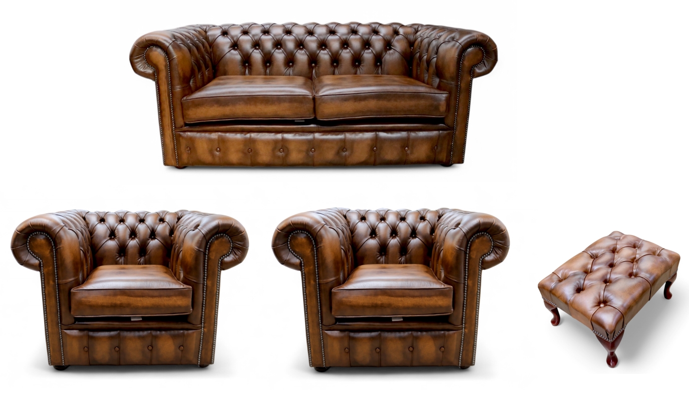 Chesterfield Seater Sofa x Club Chairs Footstool Leather
