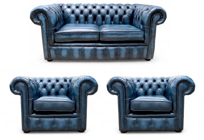 Chesterfield 2 Seater Sofa + 2 x Club Chairs Leather Sofa Suite Offer Antique Blue