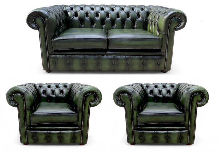 Chesterfield 2 Seater Sofa + 2 x Club Chairs Leather Sofa Suite Offer Antique Green