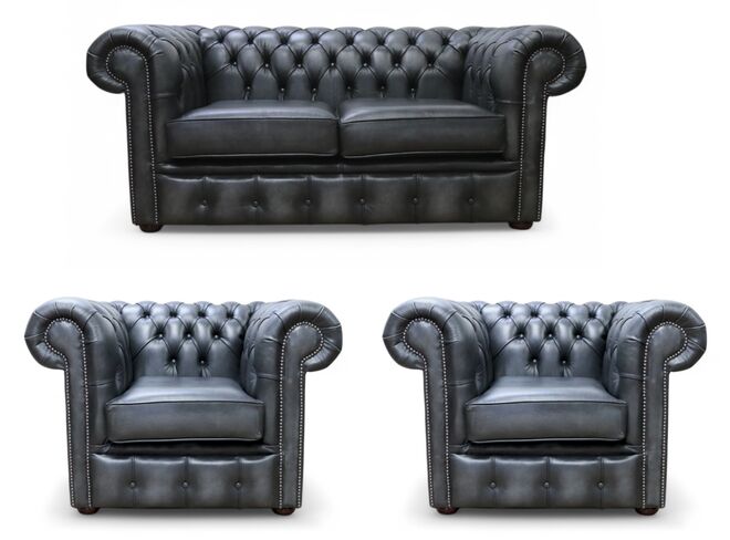 Chesterfield 2 Seater Sofa + 2 x Club Chairs Leather Sofa Suite Offer Antique Grey