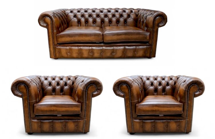 Chesterfield 2 Seater Sofa + 2 x Club Chairs Leather Sofa Suite Offer Antique Tan