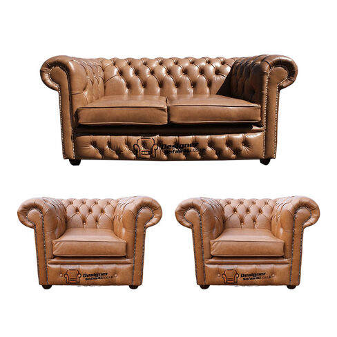 Chesterfield 2 Seater Sofa + 2 x Club Chairs Old English Tan Leather Sofa Offer